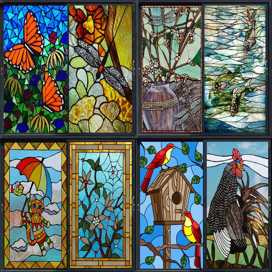 Custom size Glass Films,Stained Glass Stickers Static Cling,Frosted Privacy Print Dragonfly Butterfly for Window Door Home Decor