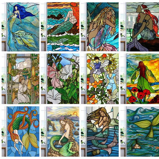 Custom Size Window Stained Glass Films,Mermaid,Flower Fairy,People Painting Stickers For Bathroom Bedroom Door Office Home Decor