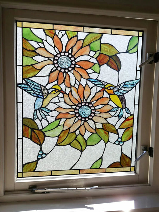 Window Film Frosted Stained Glass Films Customized Art SunFlower Hummingbird Static Cling Sticker,Home Decor Window Treatment