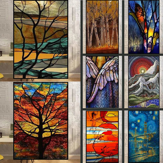 Custom Size Window Film Electrostatic Frosted Stained Glass Films Vintage  Art Poster Door Stickers Print Tree Setting Sun