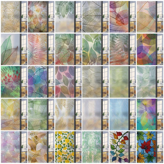Customized Window Film,Frosted Stained Glass Films, Art Deco Design Leaves,Static Cling Remove Door Sticker,Home Decor