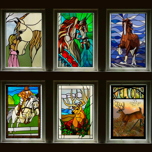 Custom size Stained Glass Window Film Retro Church Painted Horse Deer Frosted Static Cling Art Colored Glass Films Sticker