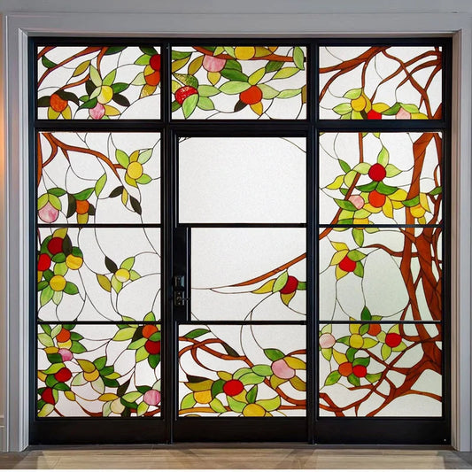 Stained Glass Window Film Frosted Glass Sticker Static Cling for thin long Glass Door Anticollision Flower