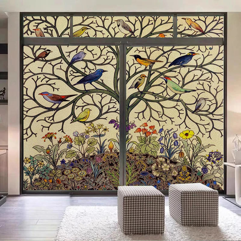 Window Film Stained Glass Stickers,Custom size Static Cling Frosted,Cat Bird Rabbit Print For Window Glass Door Home Decor