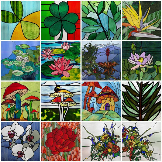 Custom Size Stained Glass Window Film Frosted Static Cling Vintage Sticker Floral Leaves mushroom Kitchen Bathroom Home Decor