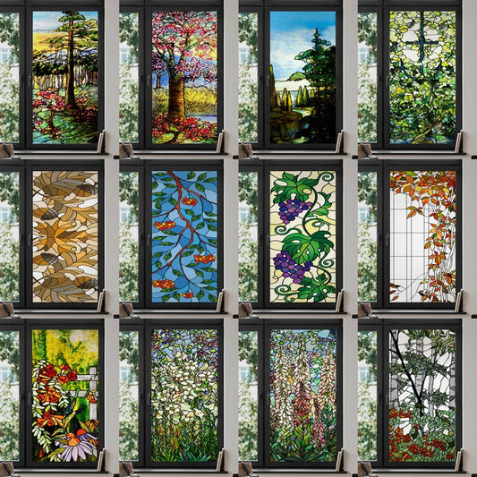 Custom Size Stained Glass Window Film Static Cling Privacy Protection,Reusable Remove Home-Decor Retro Vintage Window Covering